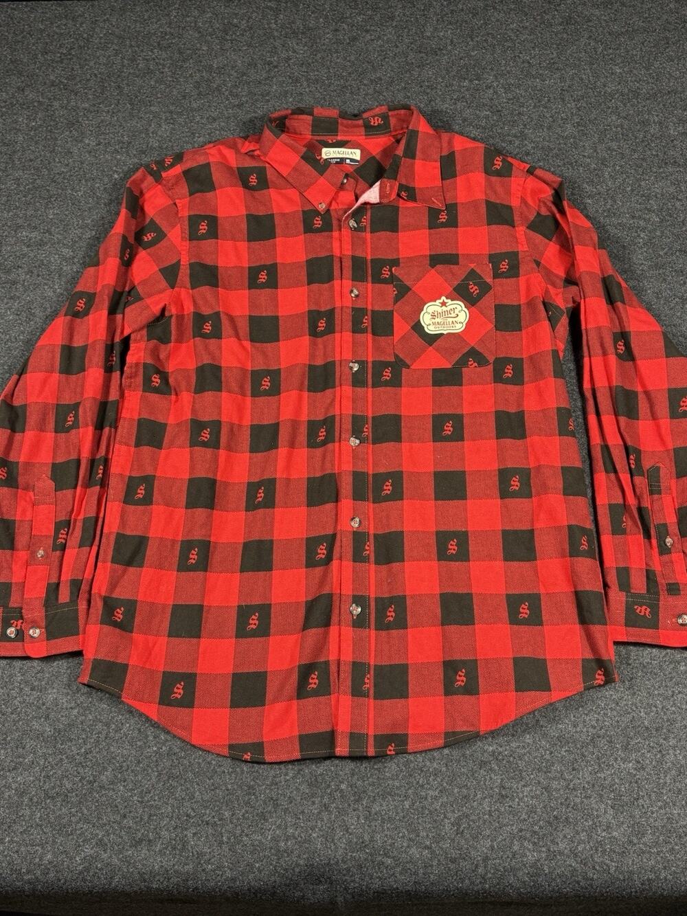 Magellan & Shiner Bock Red & Black 100% Cotton Plaid Flannel Button-Up Size XL